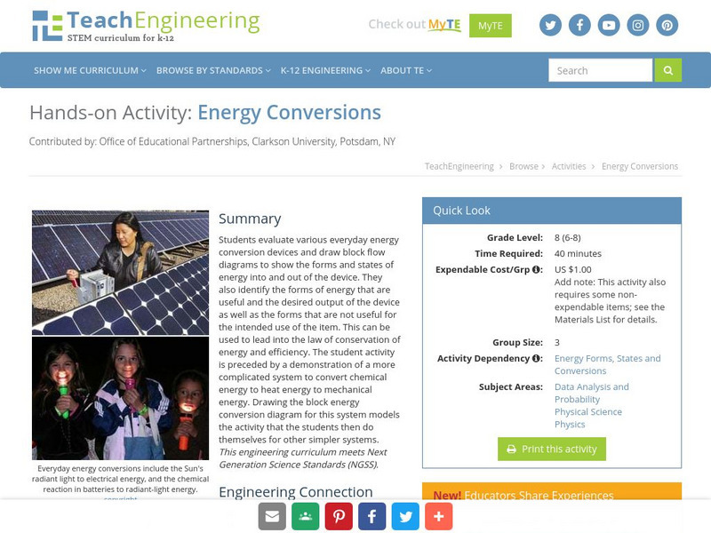 Teach Engineering: Energy Conversions Activity Teach Engineering: Energy Conversions Activity