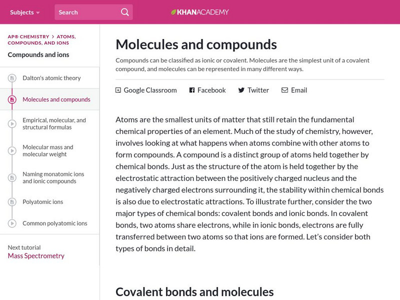 Khan Academy: Molecules and Compounds Article Khan Academy: Molecules and Compounds Article