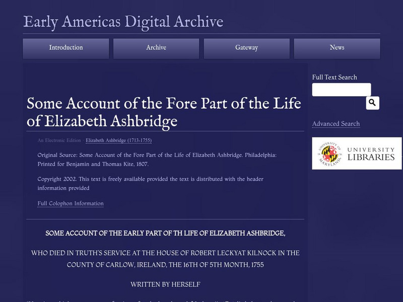 Early Americas Digital Archive: Some Account of the Life of Elizabeth Ashbridge Primary Early Americas Digital Archive: Some Account of the Life of Elizabeth Ashbridge Primary