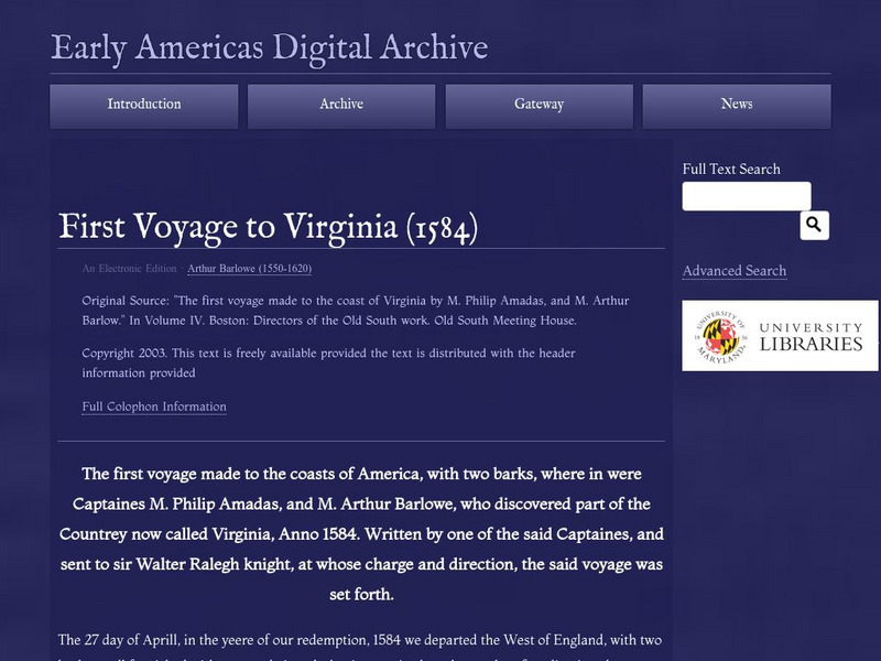 Early Americas Digital Archive: First Voyage to Virginia (1584) Primary