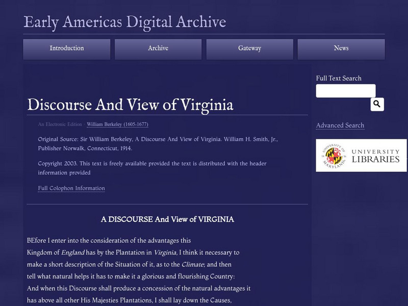 Early Americas Digital Archive: Discourse and View of Virginia Primary