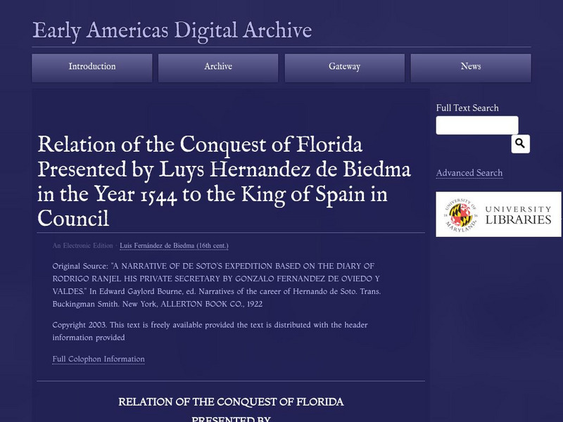 Early Americas Digital Archive: Relation of the Conquest of Florida Primary Early Americas Digital Archive: Relation of the Conquest of Florida Primary