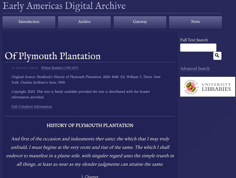 Early Americas Digital Archive: Of Plymouth Plantation Primary Early Americas Digital Archive: Of Plymouth Plantation Primary