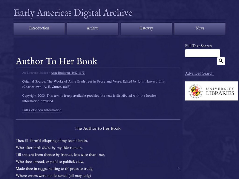 Early Americas Digital Archive: Author to Her Book Primary