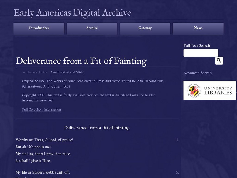 Early Americas Digital Archive: Deliverance From a Fit of Fainting Primary