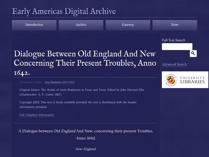 Early Americas Digital Archive: Dialogue Between Old England and New Primary