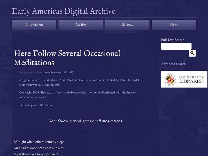 Early Americas Digital Archive: Here Follow Several Occasional Meditations Primary