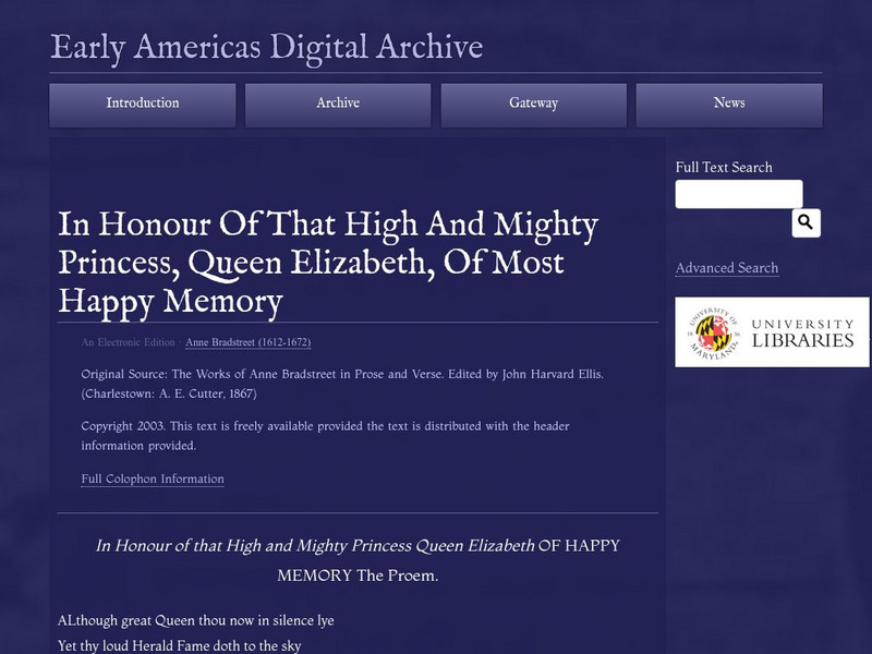 Early Americas Digital Archive: In Honor of Queen Elizabeth Primary