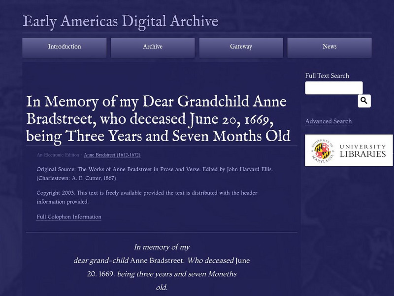 Early Americas Digital Archive: In Memory of My Dear Grandchild Anne Bradstreet Primary