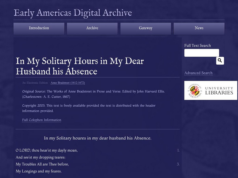 Early Americas Digital Archive: In My Solitary Hours Dear Husband His Absence Primary