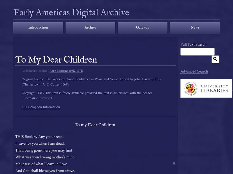 Early Americas Digital Archive: To My Dear Children Primary