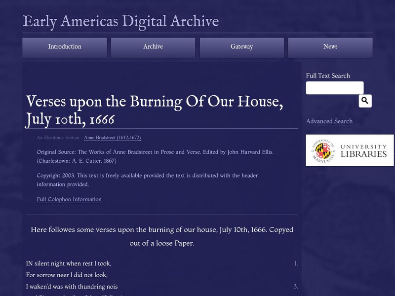 Early Americas Digital Archive: Upon the Burning of Our House, July 10, 1666 Primary