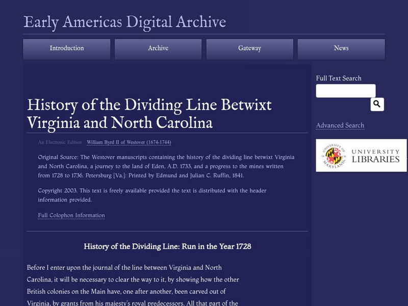 Early Americas Digital Archive: Dividing Line Betwixt Virginia and N. Carolina Primary Early Americas Digital Archive: Dividing Line Betwixt Virginia and N. Carolina Primary