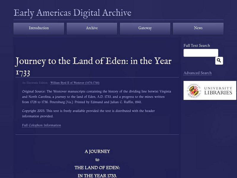 Early Americas Digital Archive: Journey to the Land of Eden: In the Year 1733 Primary Early Americas Digital Archive: Journey to the Land of Eden: In the Year 1733 Primary