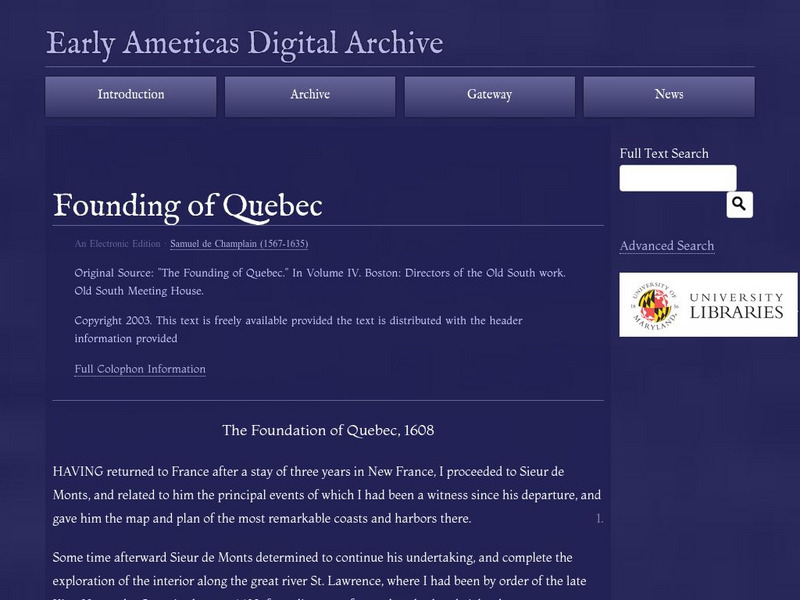 Early Americas Digital Archive: Founding of Quebec Primary