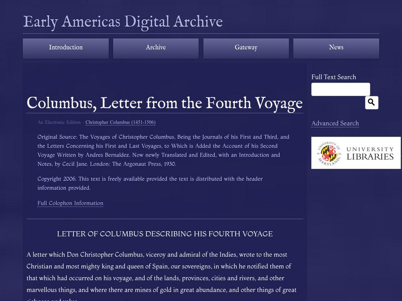 Early Americas Digital Archive: Columbus, Letter From the Fourth Voyage Primary Early Americas Digital Archive: Columbus, Letter From the Fourth Voyage Primary