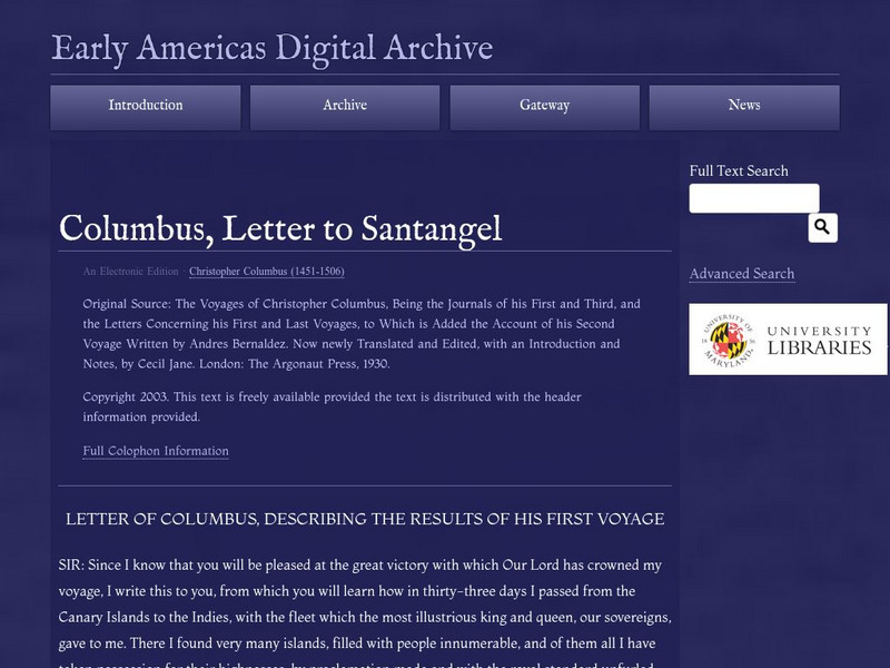 Early Americas Digital Archive: Columbus, Letter to Santangel Primary Early Americas Digital Archive: Columbus, Letter to Santangel Primary