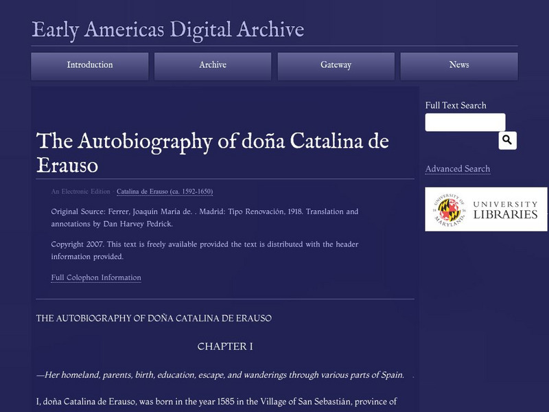 Early Americas Digital Archive: The Autobiography of Dona Catalina De Erauso Primary Early Americas Digital Archive: The Autobiography of Dona Catalina De Erauso Primary