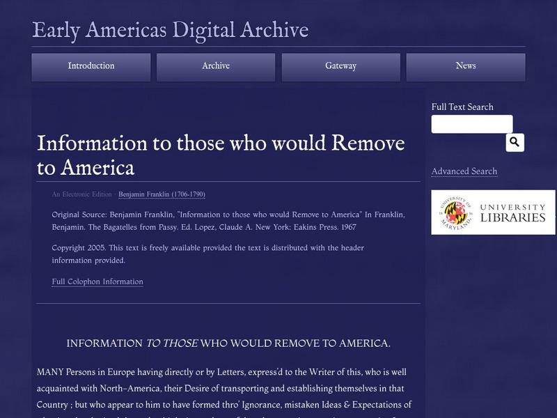 Early Americas Digital Archive: Information to Those Who Would Remove to America Primary