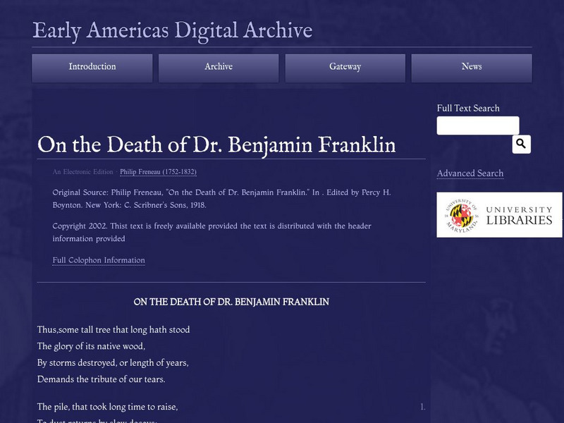 Early Americas Digital Archive: On the Death of Dr. Benjamin Franklin Primary Early Americas Digital Archive: On the Death of Dr. Benjamin Franklin Primary