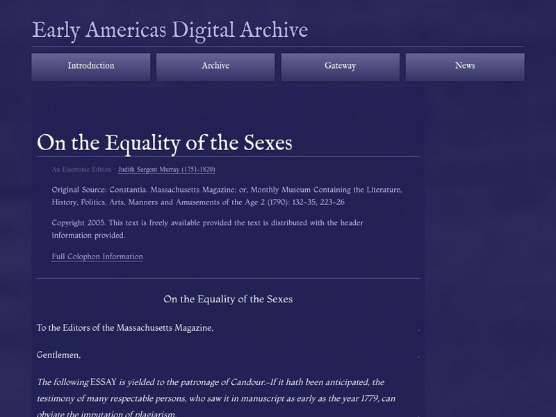 Early Americas Digital Archive: On the Equality of the Sexes Primary Early Americas Digital Archive: On the Equality of the Sexes Primary