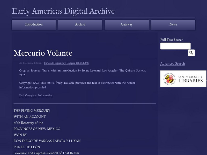Early Americas Digital Archive: Mercurio Volante Primary