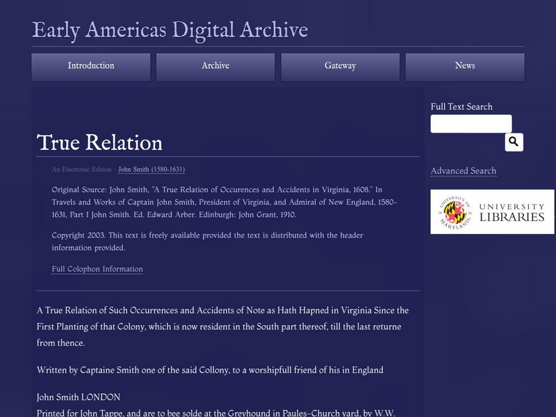 Early Americas Digital Archive: True Relation Primary Early Americas Digital Archive: True Relation Primary
