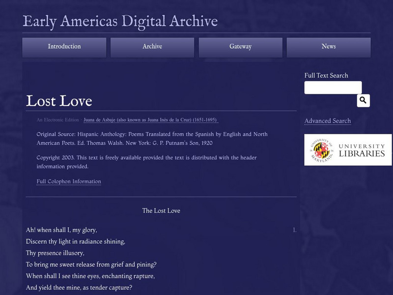 Early Americas Digital Archive: Lost Love Primary