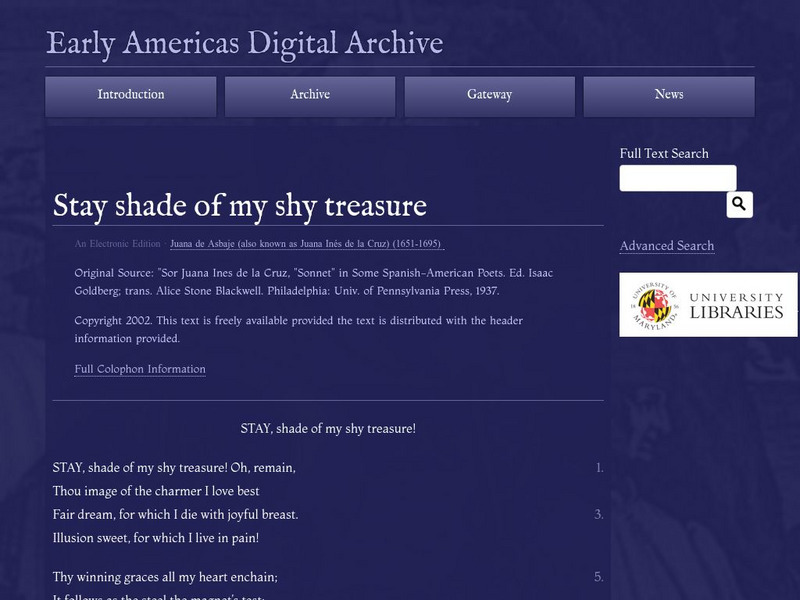 Early Americas Digital Archive: Stay Shade of My Shy Treasure Primary
