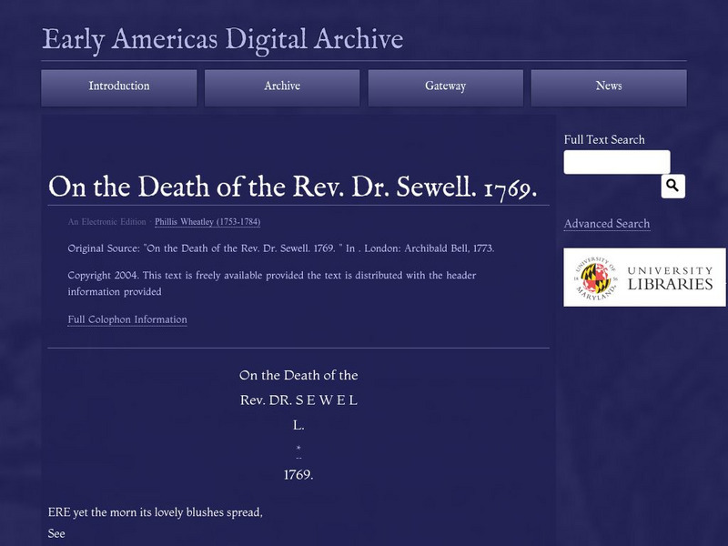 Early Americas Digital Archive: On the Death of the Rev. Dr. Sewell. 1769. Primary