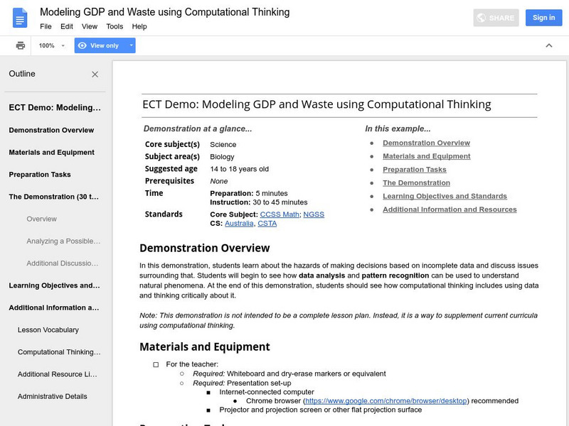 Google for Education: Modeling Gdp and Waste Using Computational Thinking Lesson Plan Google for Education: Modeling Gdp and Waste Using Computational Thinking Lesson Plan