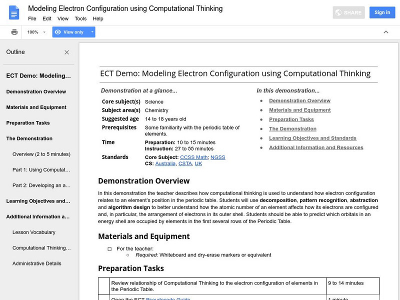 Google for Education: Model Electron Configuration Using Computational Thinking Lesson Plan