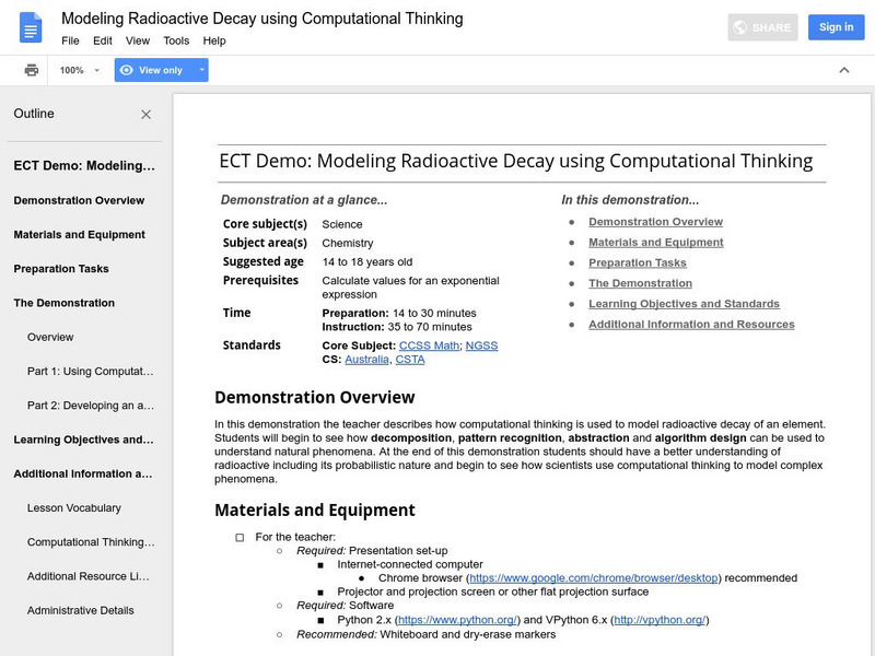 Google for Education: Model Radioactive Decay Using Computational Thinking Lesson Plan Google for Education: Model Radioactive Decay Using Computational Thinking Lesson Plan