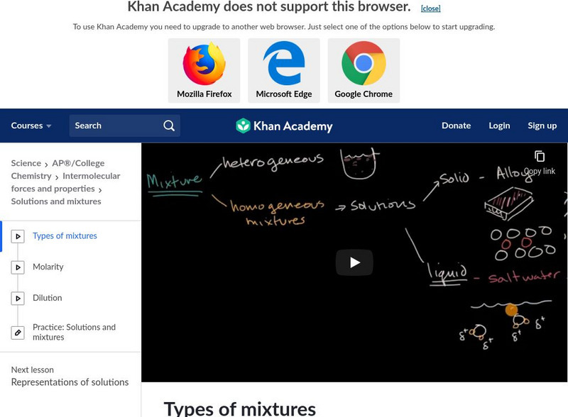 Khan Academy: Suspensions, Colloids, and Solutions Instructional Video
