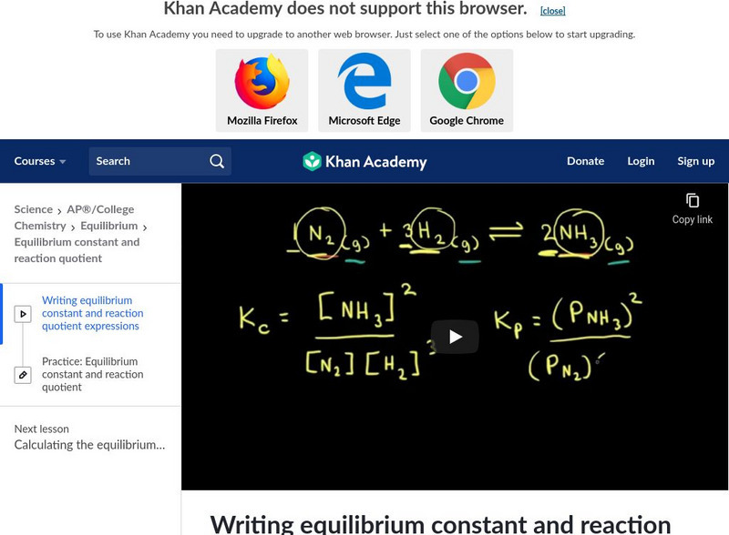 Khan Academy: Equilibrium and the Equilibrium Constant Instructional Video