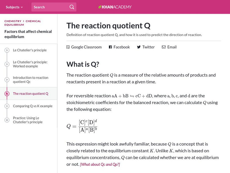 Khan Academy: The Reaction Quotient Q Handout