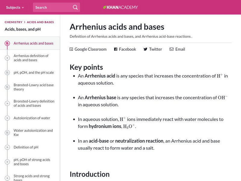 Khan Academy: Arrhenius Acids and Bases Handout Khan Academy: Arrhenius Acids and Bases Handout
