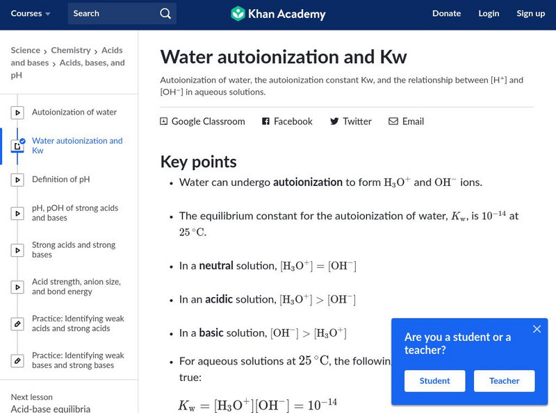 Khan Academy: Water Autoionization and Kw eBook Khan Academy: Water Autoionization and Kw eBook