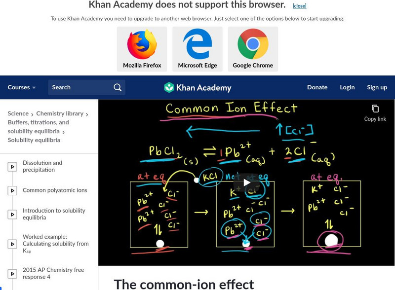 Khan Academy: Solubility and the Common Ion Effect Instructional Video Khan Academy: Solubility and the Common Ion Effect Instructional Video