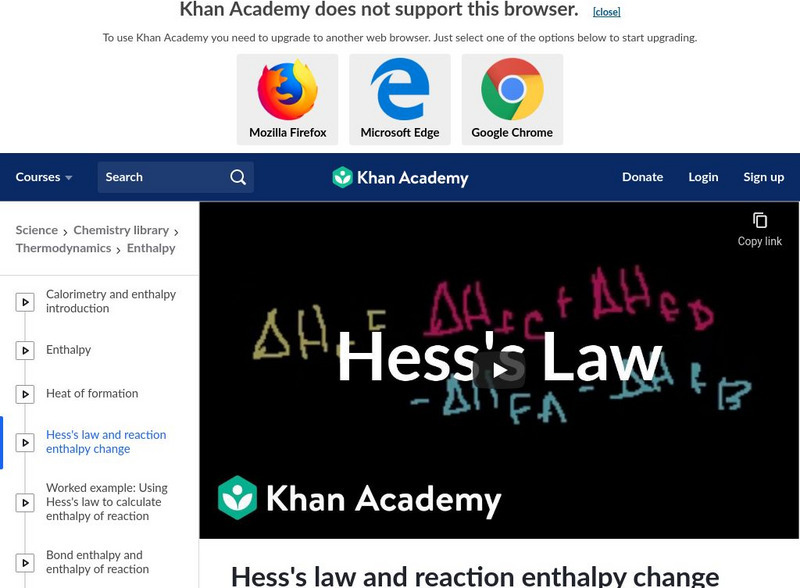 Khan Academy: Hess's Law and Reaction Enthalpy Change Instructional Video Khan Academy: Hess's Law and Reaction Enthalpy Change Instructional Video