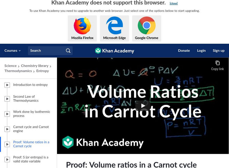 Khan Academy: Proof: Volume Ratios in a Carnot Cycle Instructional Video Khan Academy: Proof: Volume Ratios in a Carnot Cycle Instructional Video