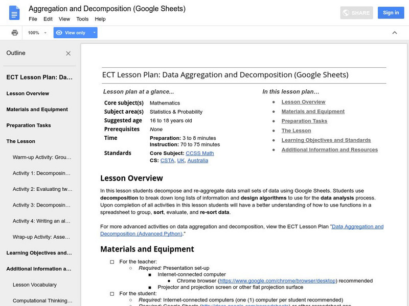 Google for Education: Data Aggregation and Decomposition (Excel) Lesson Plan Google for Education: Data Aggregation and Decomposition (Excel) Lesson Plan