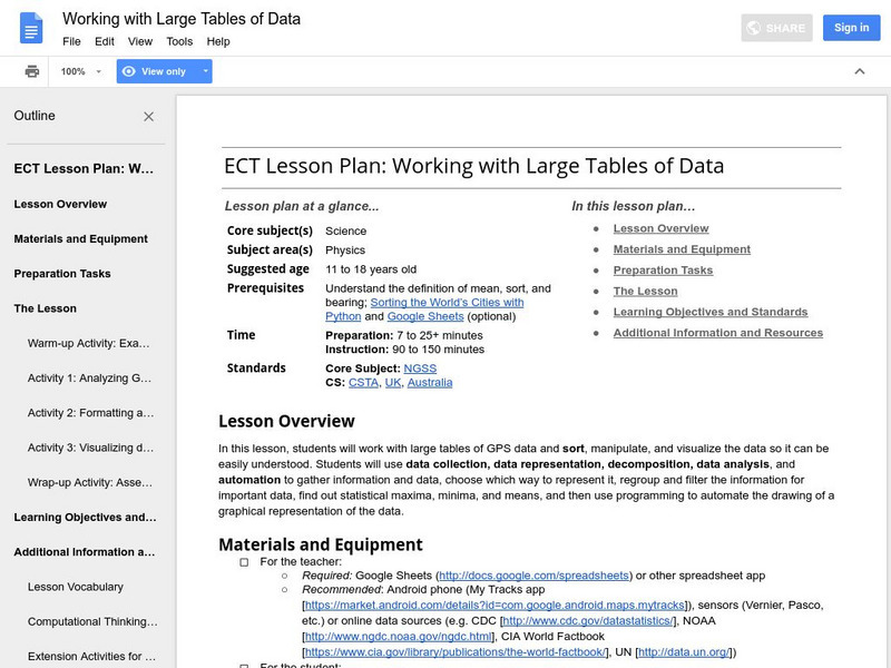 Google for Education: Working With Large Tables of Data Lesson Plan Google for Education: Working With Large Tables of Data Lesson Plan