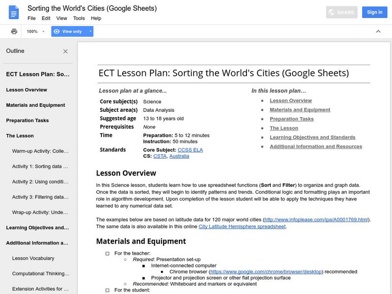 Google for Education: Sorting the World's Cities (Excel) Lesson Plan Google for Education: Sorting the World's Cities (Excel) Lesson Plan