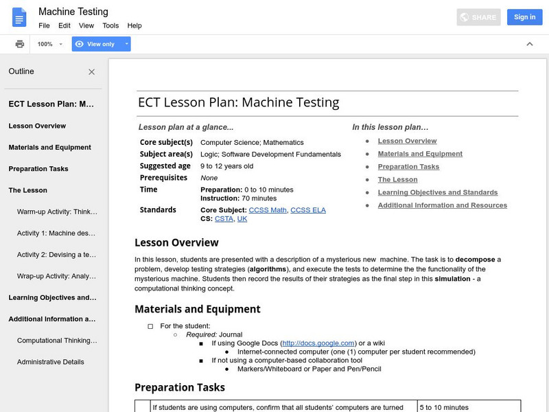 Google for Education: Machine Testing Lesson Plan Google for Education: Machine Testing Lesson Plan