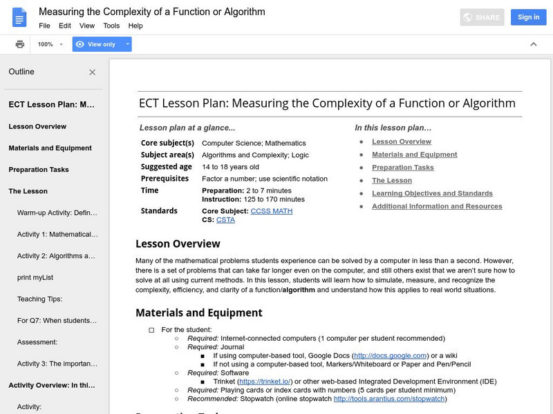 Google for Education: Measuring Complexity of Function or Algorithm Lesson Plan Google for Education: Measuring Complexity of Function or Algorithm Lesson Plan