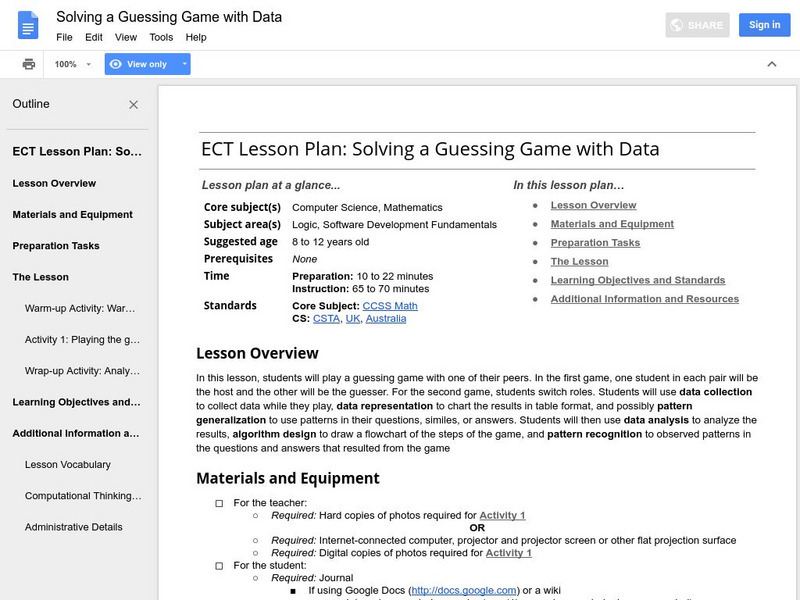 Google for Education: Solving a Guessing Game With Data Lesson Plan Google for Education: Solving a Guessing Game With Data Lesson Plan