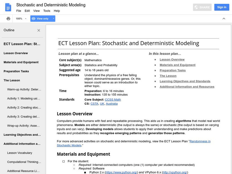 Google for Education: Stochastic and Deterministic Modeling Lesson Plan Google for Education: Stochastic and Deterministic Modeling Lesson Plan