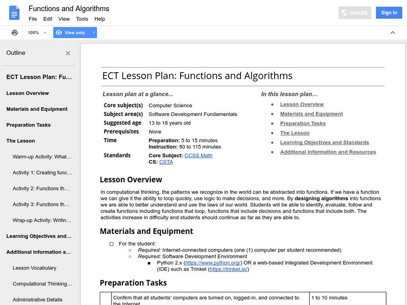 Google for Education: Functions and Algorithms Lesson Plan Google for Education: Functions and Algorithms Lesson Plan