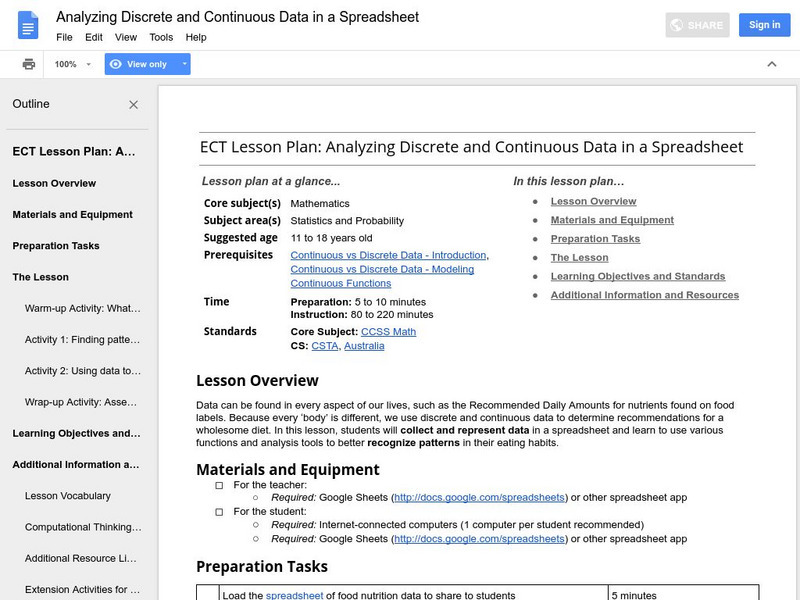Google for Education: Applyng Discrete and Continuous Data in a Spreadsheet Lesson Plan Google for Education: Applyng Discrete and Continuous Data in a Spreadsheet Lesson Plan